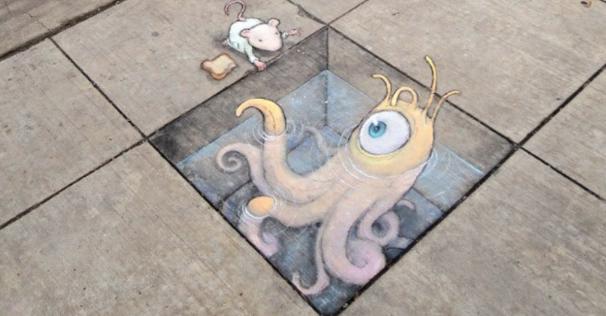 街中の道路や階段など路面に描かれたチョークアートが可愛くてクオリティが高いと話題に！