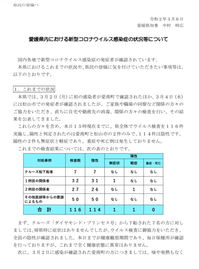 『「最後に」の部分だけでも読んでみてください』愛媛県からの、新型コロナウイルス感染症の状況報告が素晴らしい！