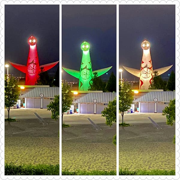 【使途襲来!?】大阪の太陽の塔がコロナウイルスの警戒基準レベルをライトアップで表現！