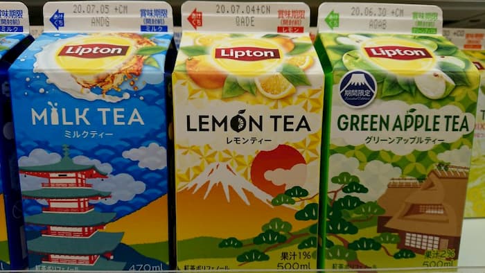 リプトンのミルクティー、レモンティーのグリーンアップルティーのパッケージデザインが実は繋がっていたことが判明！