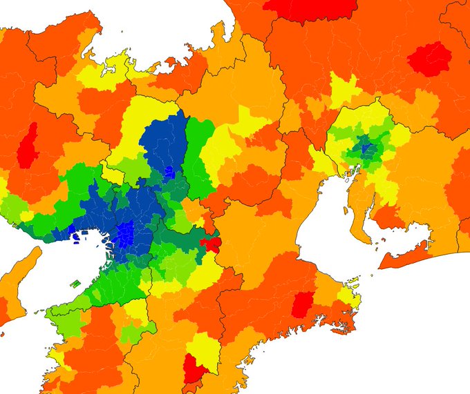 自家用車で通勤・通学を利用する人の日本地図での割合