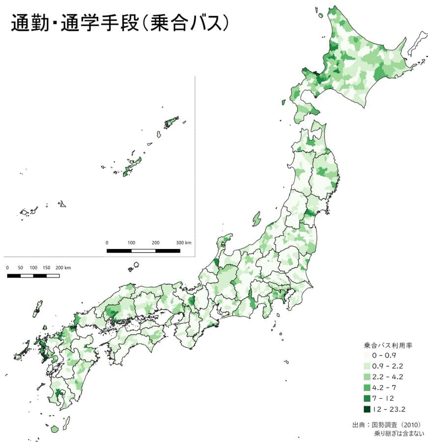 乗合バスで通勤・通学を利用する人の日本地図での割合