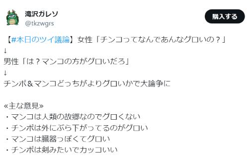 女性「チンコってなんであんなグロいの？」→ 男性「は？マンコの方がグロいだろ」→どっちがグロいか大論争に・・・